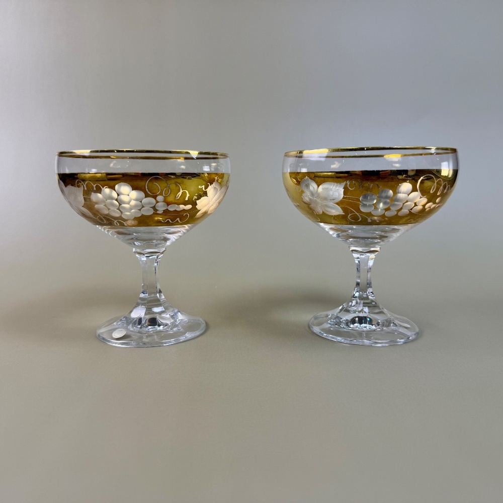Vintage Gold Cut-to-Clear Crystal Coupes – Western Germany – Set of 2